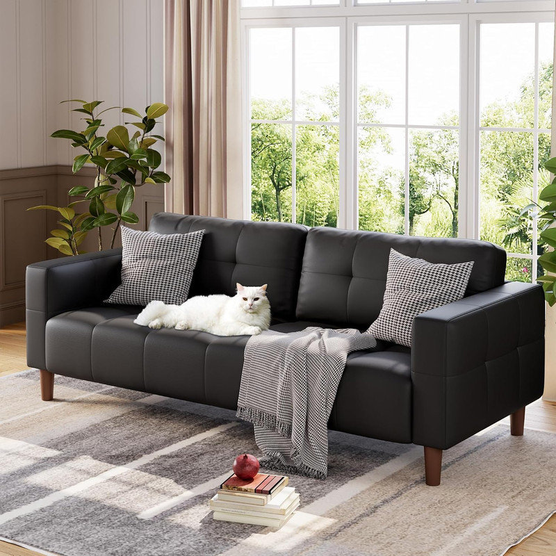 Canapé 83 pouces 3 places en similicuir avec coussin à ressorts, siège profond pour salon et bureau, Noir