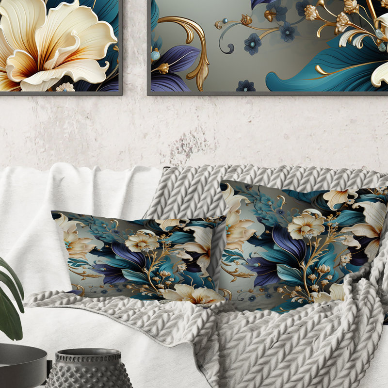 Coussin décoratif à imprimé floral blanc et doré, H 18 po x l 18 po