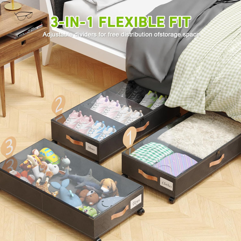 Large Black Fabric Under Bed Storage Containers with Clear Lids and Wheels