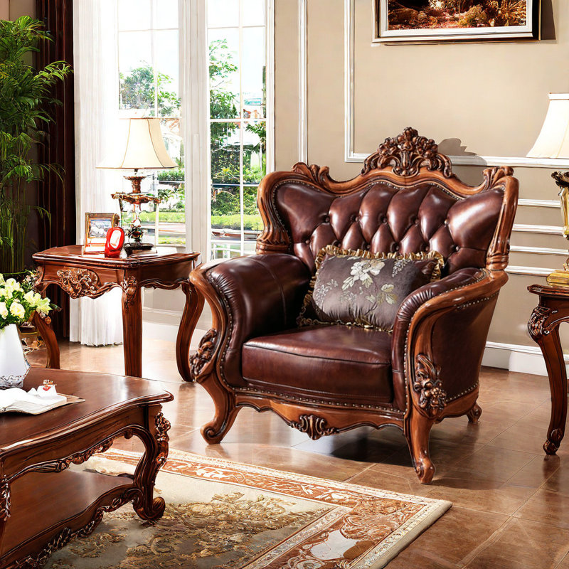Fauteuil de luxe de style européen avec fauteuil capitonné en cuir de vache de 48,43 po de largeur