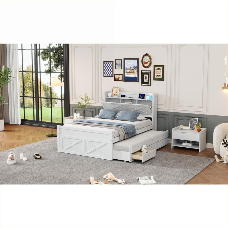Lit plateforme en bois polyvalent avec lit gigogne extensible, prises intégrées et tiroirs de rangement, blanc doux