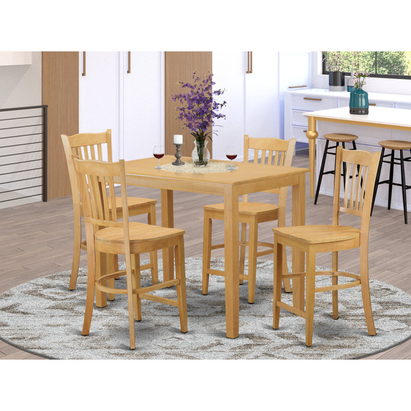 5 Piece Kitchen Counter Height Dining Table Set Includes a Rectangle Dining Room Table and 4 Wooden Seat Chairs, Oak, Oak
