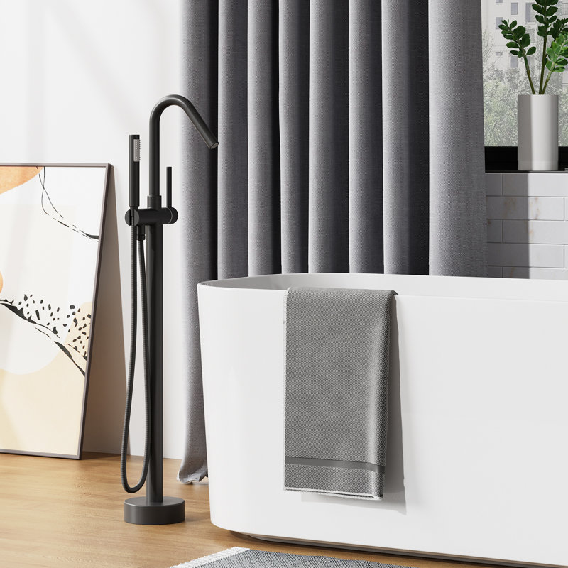 Floor Mounted Bathtub Faucet Freestanding Tub Filler with Handheld Shower, Single Handle Round Pipe Style, Anti Tangle Shower Hose, Matte Black Bathroom Trim System, For Stand Alone Bathtubs