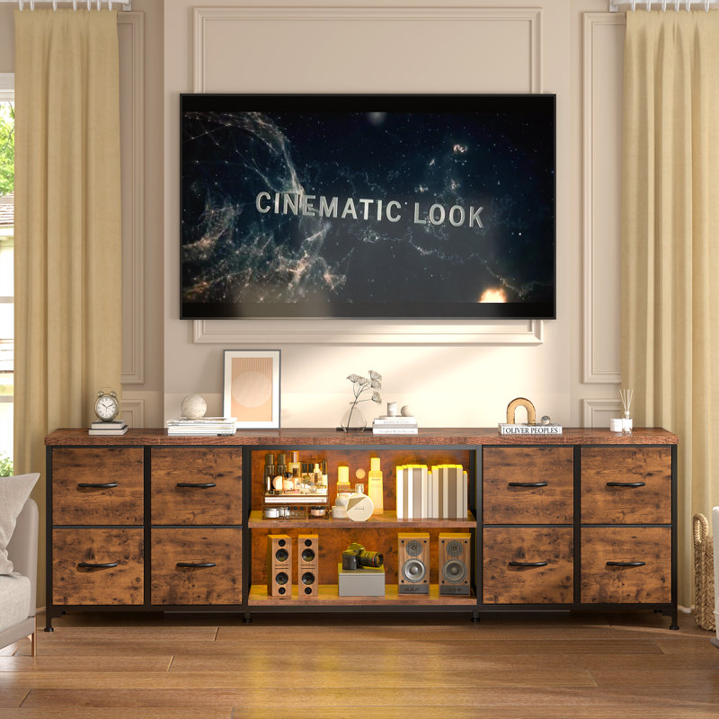 70-inch Tv Stand With Led Lighting, Charging Station & 8-drawer Storage – Modern Multi-functional Media Console For Living Room & Bedroom					