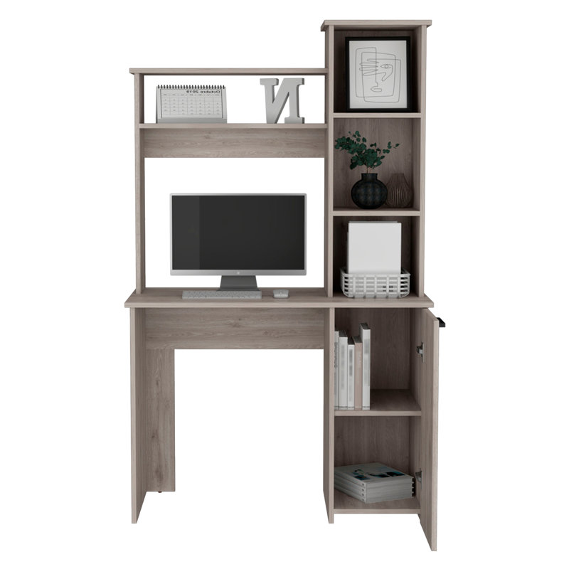 Bureau d'ordinateur avec huche, armoire à une porte, grande surface de travail et tablettes de rangement à 3 niveaux