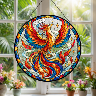 Red Blue Orange Phoenix Bird Stained Glass Canvas Wall Art
