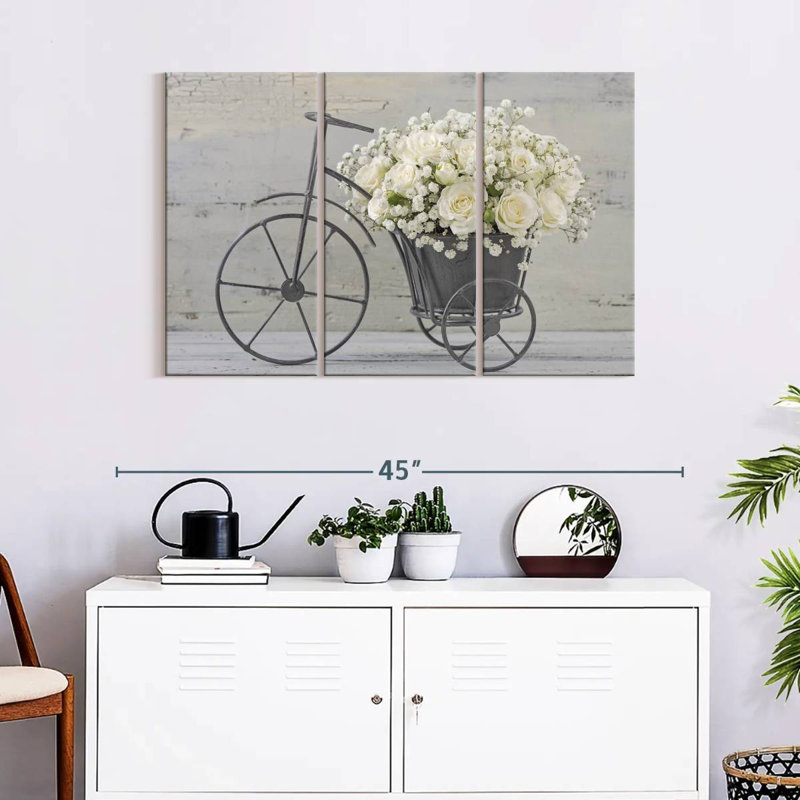 Ensemble de 3 pièces bouquet de roses blanches sur toile, H 24 po x l 38 po x P 1,25 po