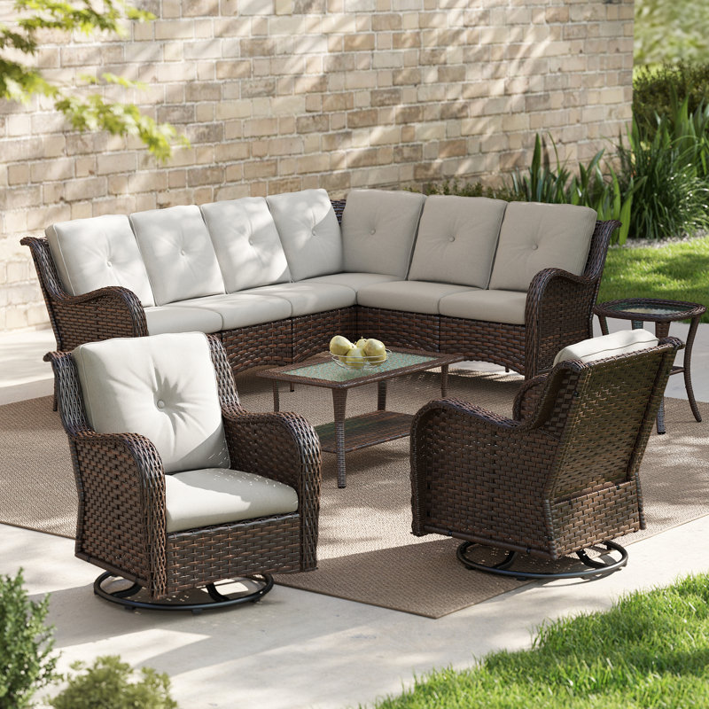 Ansis 8-Person HDPE Wicker Patio Sectional Group with Swivel Rocker Chairs