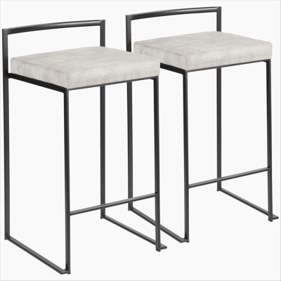 Contemporary Stackable Counter Stool in Black with Light Grey Cowboy Fabric Cushion by LumiSource - Set of 2