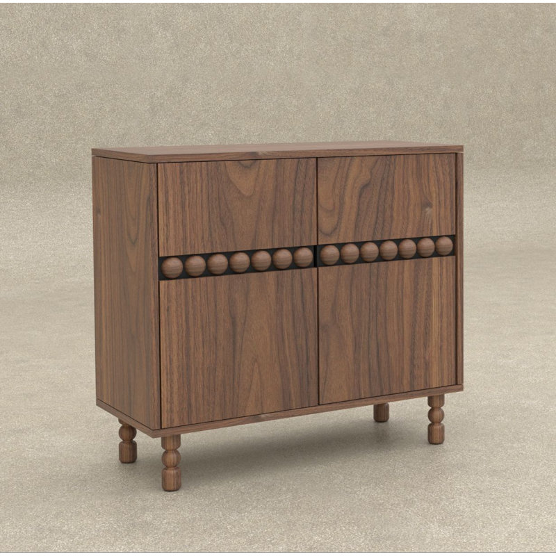 Walnut Grain Two-Door Accent Cabinet with Wooden Bead Decor and Turned Legs