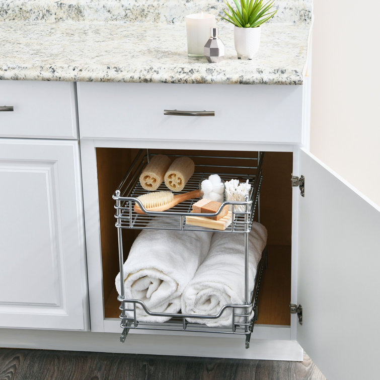 Storagebud 2 Tier Under Kitchen Sink Organizer with Sliding Drawer-Bathroom Cabinet Organizer with Utility Hooks and Side Caddy - 1 Pack - White