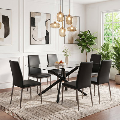 Table de salle à manger moderne en verre avec base en forme de X en métal