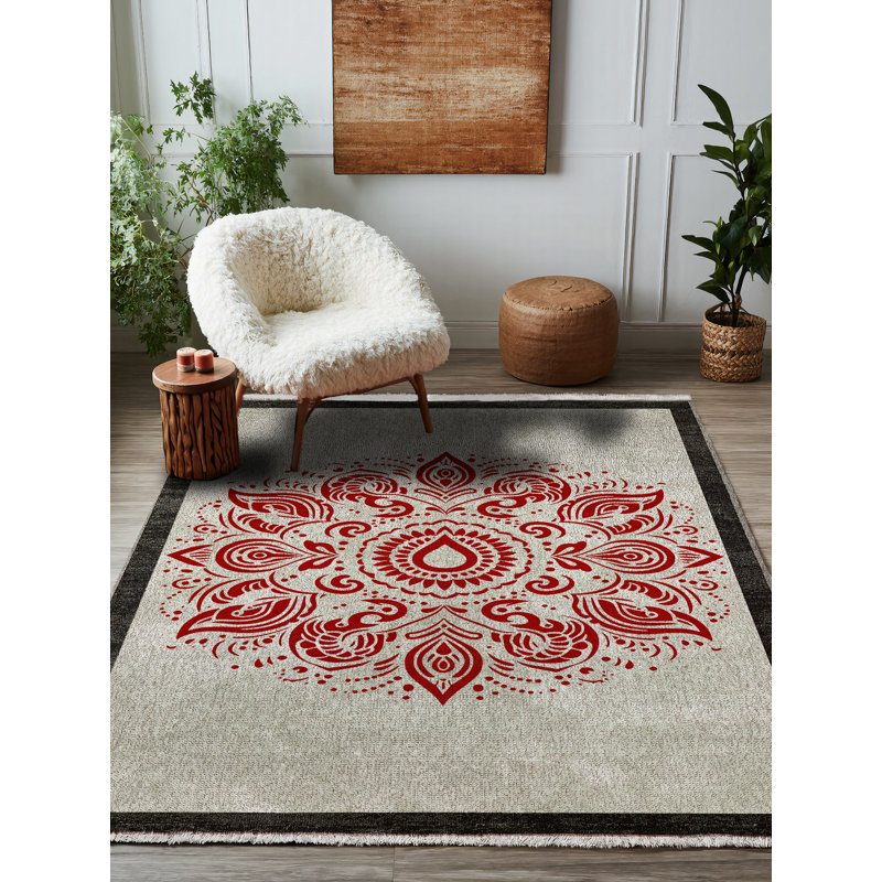 Edith Collection Digital Print Cotton-Polyester Beige Red Moroccan Rug, Round 3'4"