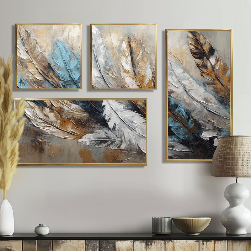 Plume dorée d'extravagance II - art mural moderne doré 4 pièces, Impression encadrée sans passe-partout, Doré