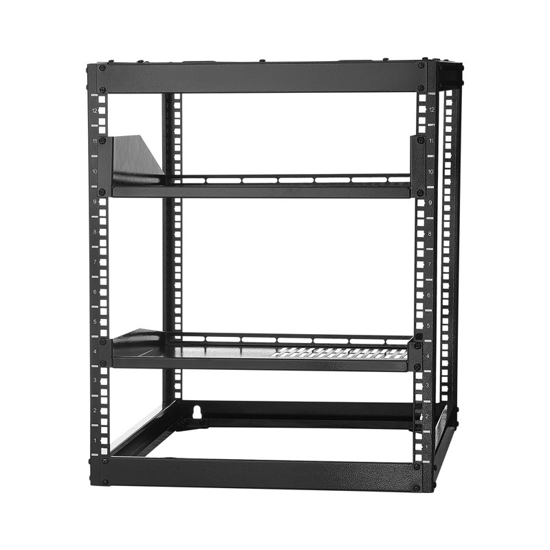 Support réseau 12U à cadre ouvert, profondeur de 23 po, 4 poteaux robustes, tablettes ventilées, quincaillerie de fixation, utilisateur, pour équipement de réseau de bureau