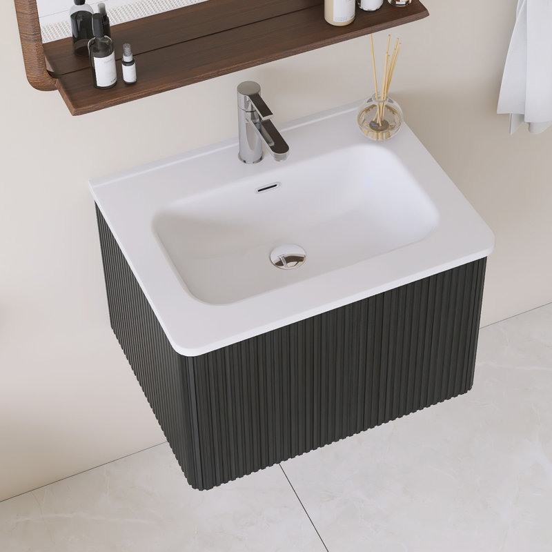 Meuble-lavabo simple mural 24 po avec comptoir intégré en céramique blanche, Noir, 24"