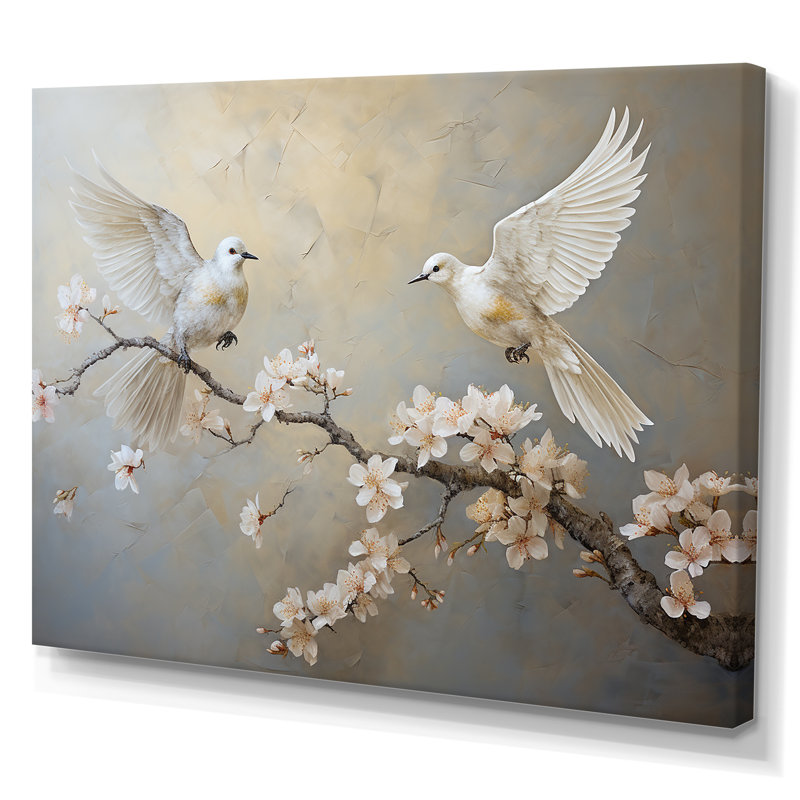 «White and Grey Birds Floral Serenity I», art mural oiseau, Toile tendue, H 12 po x l 20 po x P 1 po