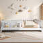 Lit plateforme en bois pleine grandeur avec garde-corps et tablettes de rangement, blanc