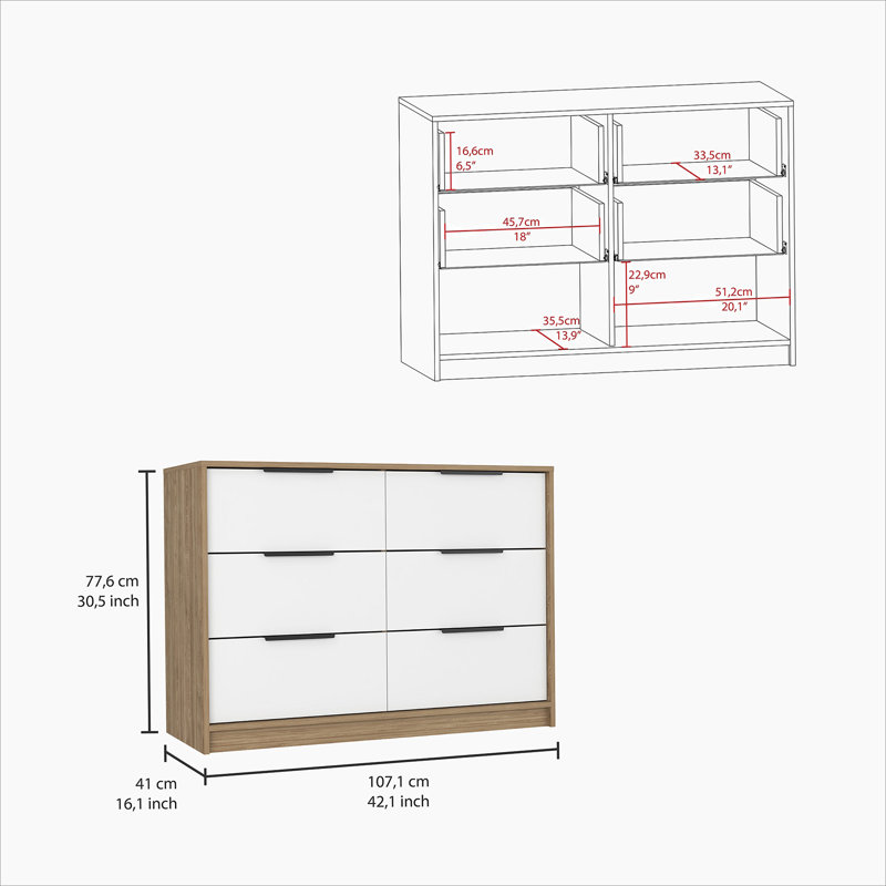 Kaia White and Pine 6-Drawer Modern Dresser