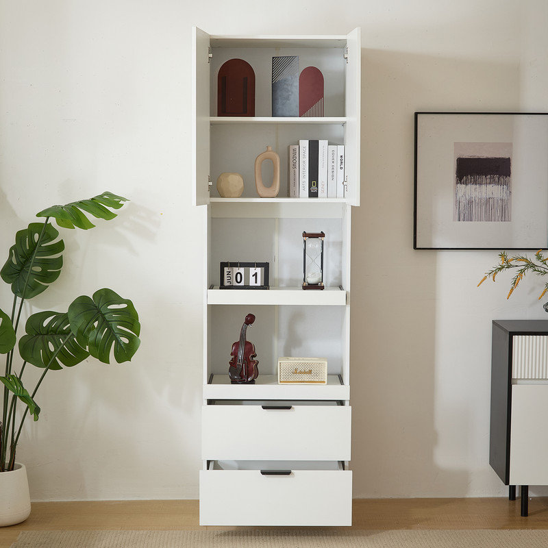 Tall White Kitchen Cabinet 200 cm with Anti-Tip Protection, Freestanding Sideboard for Dining & Living Room