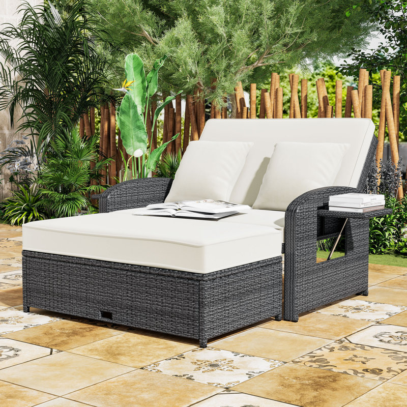Outdoor 2-Person Recliner Chaise Lounge with Adjustable Backs, Cushions and Weatherproof Cover, Gray, White