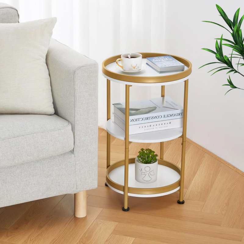 White and Gold Round End Table with 3 Shelves