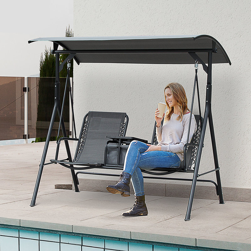 Gray 2-Person Outdoor Swing with Canopy and Storage Table