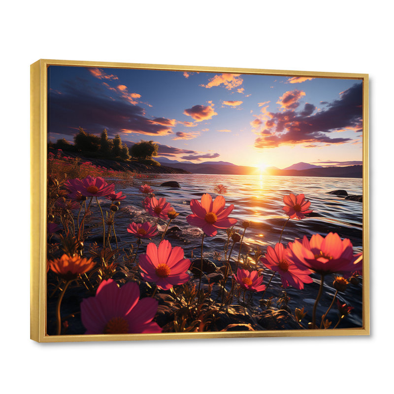 Coucher de soleil sur le champ de fleurs sauvages, H 12 po x l 20 po x P 1 po, Cadre flottant doré