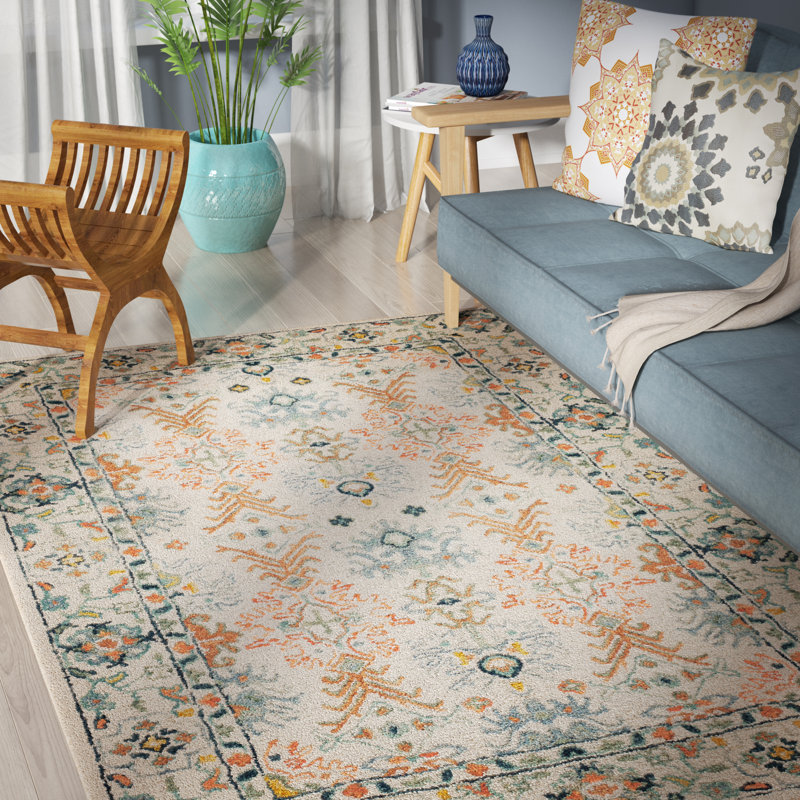 Vahakn Hand Tufted Wool/Cotton Oriental Rug in Orange/Ivory/Blue, Rectangle 11' x 15'