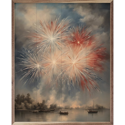 Feux d'artifice est sur la baie, encadré sur bois