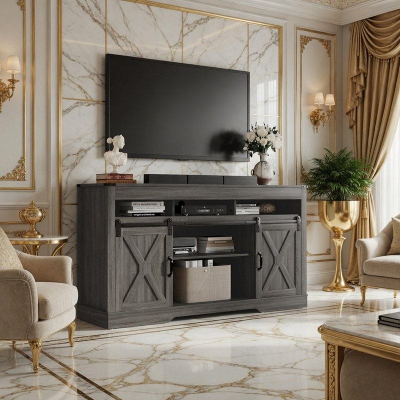 Meuble télé avec portes de grange coulissantes et rangement ouvert, Gris foncé