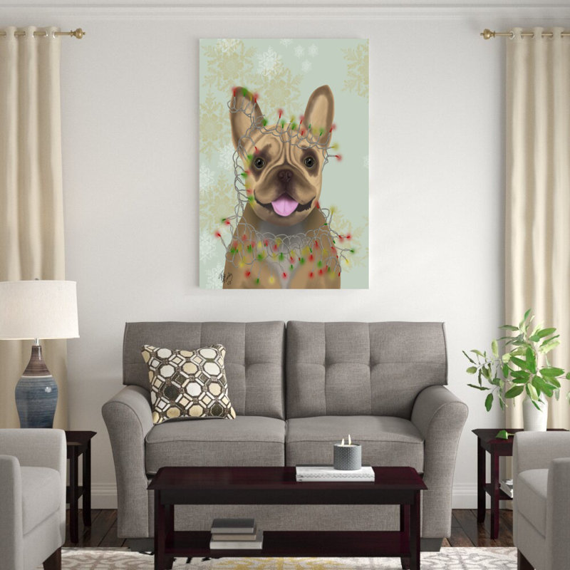 «French Bulldog, Christmas Lights 1» par Fab Funky - reproduction d'art sur toile tendue, H 48 po x l 32 po