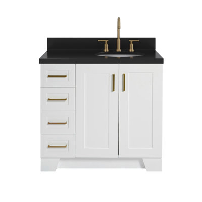Meuble-lavabo double Freitas 91 cm (36 po) en bois massif blanc avec comptoir en quartz noir carbone de 3,8 cm (1,5 po), décalé à droite, lavabo ovale