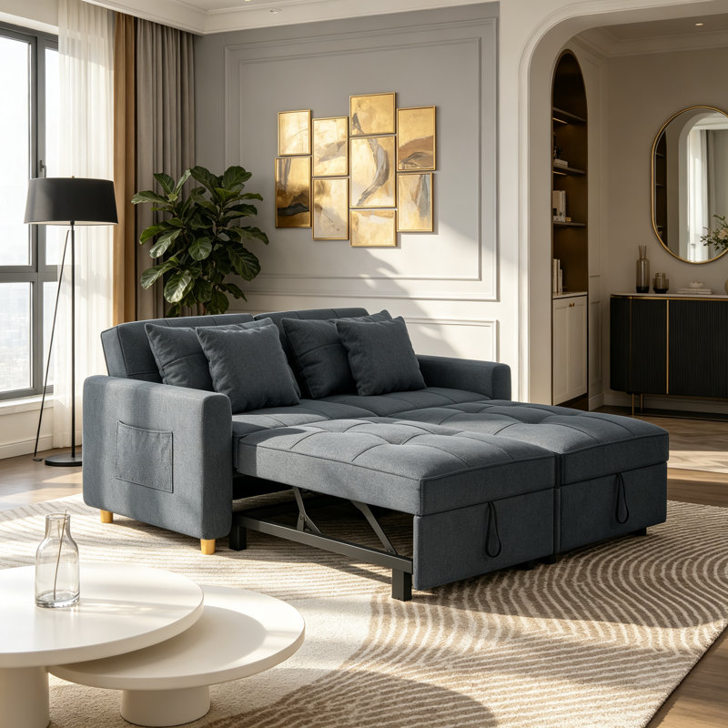 2 Seater Linen Sofa Bed, Dark Grey