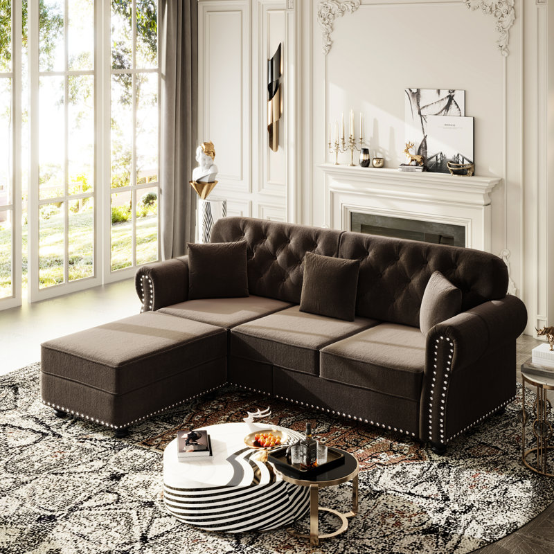 Velours brun moderne Mid-Century 4 avec garniture cloutée, bouton, roulé et inclus, conçu pour la vie quotidienne des années à venir