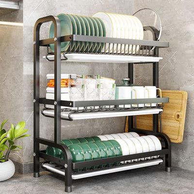 INO Design 3 Tiers Metal Dish Drying Rack Drainer Tray Holder For Plate Bowl Dishware, Black