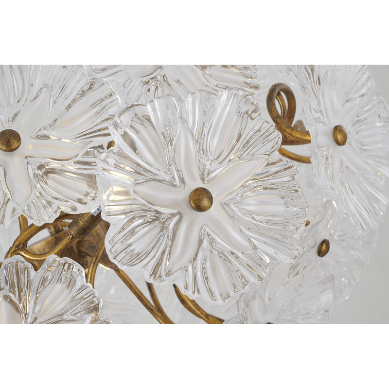 Lustre 28 lumières en bronze antique avec fleurs en verre