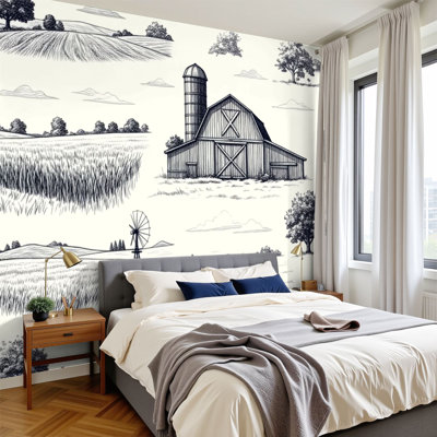 Peel and Stick Wallpaper 96" W x 69" H Modern Self Adhesive Wall Mural for Bedroom Rustic Farm Landscape Barn Windmill Cows Rolling Fields Black White