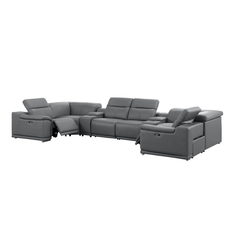 8-Piece U-Shaped Power Reclining Sectional In Genuine Leather – 2 Recliners, Dark Gray Top Grain Leather