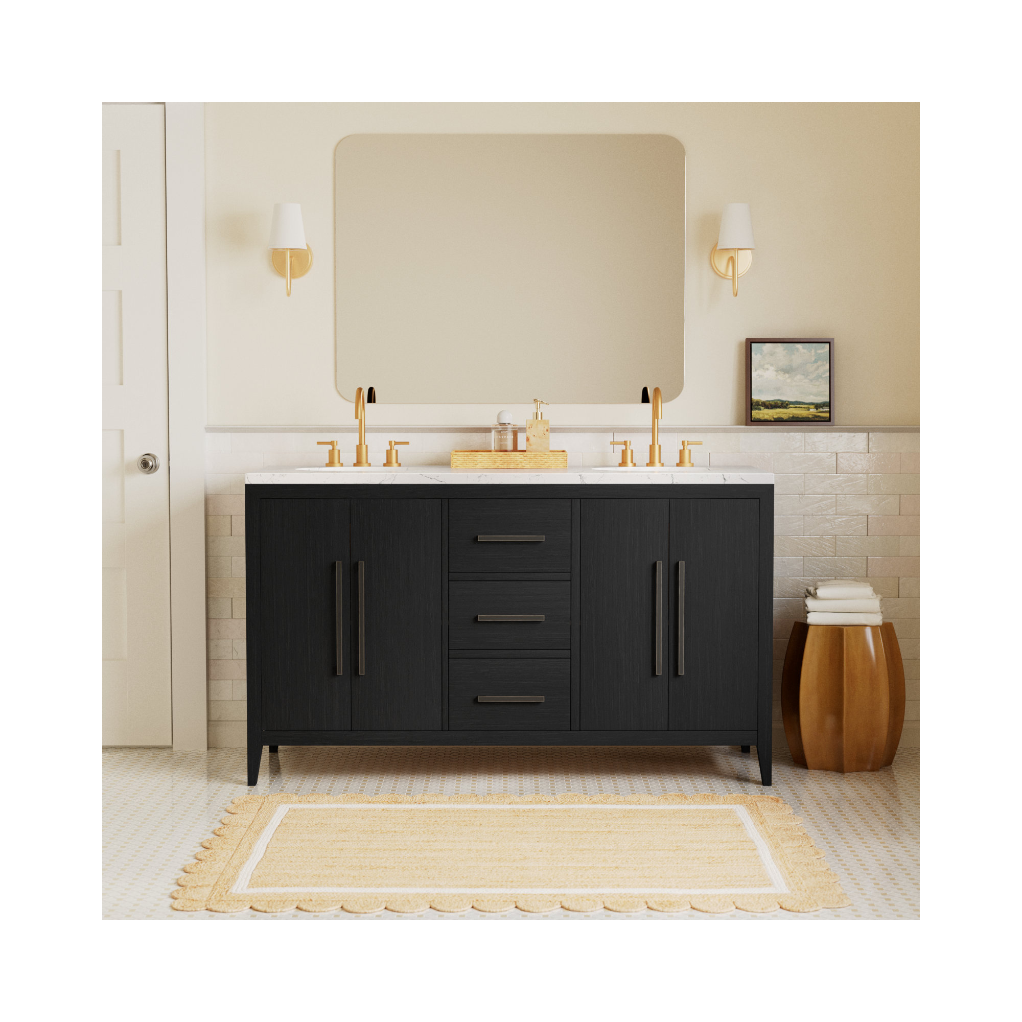 Alsup 60'' Double Bathroom Vanity with Quartz Top, Dark Weathered Oak