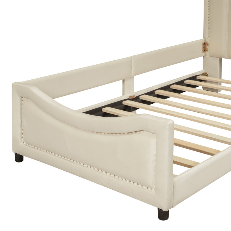Lit de jour rembourré avec tête de lit à rayures classique, Beige
