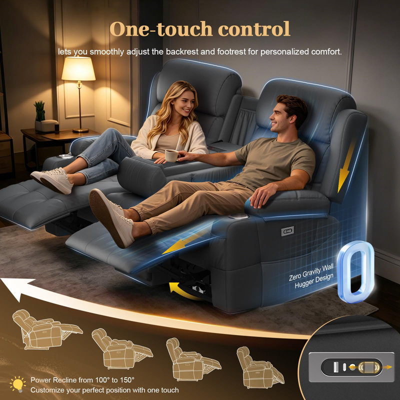 Canapé inclinable électrique avec console Wall Hugger, fauteuil inclinable en similicuir pour véhicule récréatif, sièges de cinéma maison avec chauffage et massage, haut-parleur Bluetooth, lumière DEL, ports USB et de type C, accoudoirs de rangement