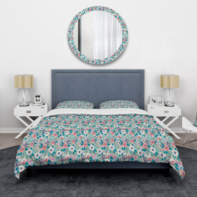 Fleurs roses et blanches sur fond bleu clair - ensemble de housse de couette moderne - microfibre de polyester