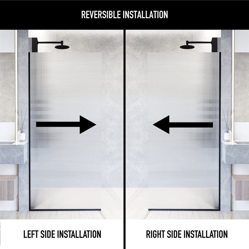 Zenith 34" W x 74" H Fixed Frameless Shower Screen with 3/8" Glass, Matte Black Fluted