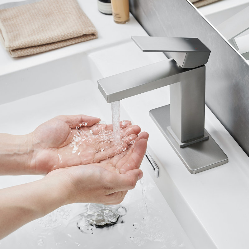 One Handle Bathroom Basin Faucet With Waterfall Flow, Brushed Nickel, Deck-Mounted, Pop Up Drain, Supply Lines, Ceramic Filler, Cartridge Valve Modern Sink Faucet, Spout, Handle, Deck Mounted, Side