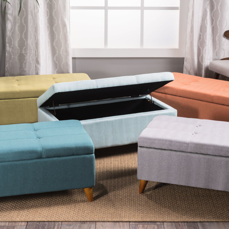Banc de rangement pour jeux de société et télécommandes: plateau relevable, tissu et bois de bouleau, brun foncé, 38 po x 18,8 15,5 po, orange, assemblage requis avec le plateau relevable