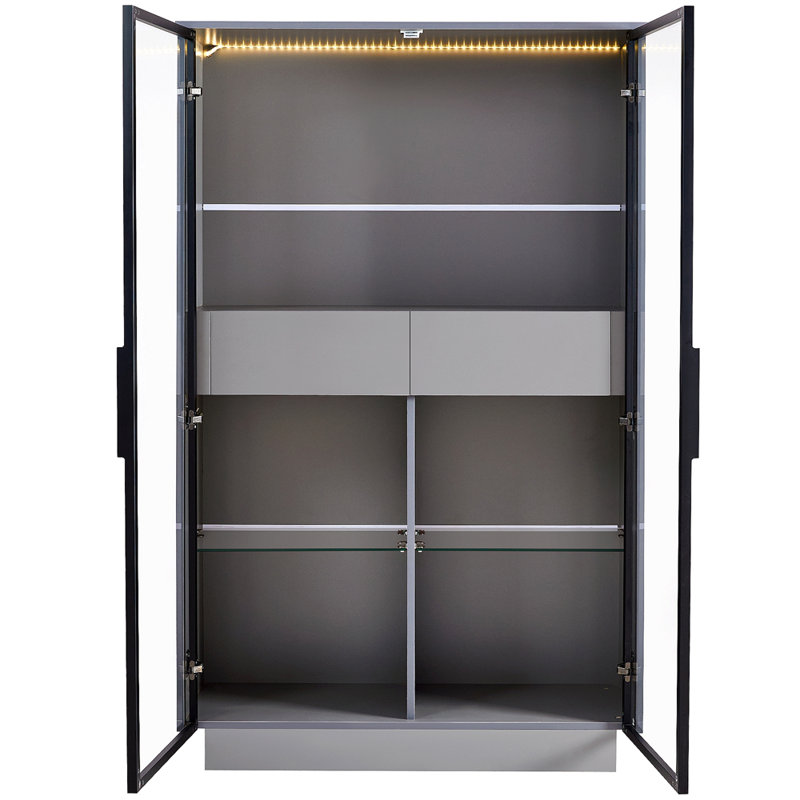 60.6'' Freestanding Display Cabinet With 2 Storage Drawers, Pantry With Glass Doors & LED Lighting, Modern Bookcase With Adjustable Shelves For Hallways, Kitchen, Livingroom & Office