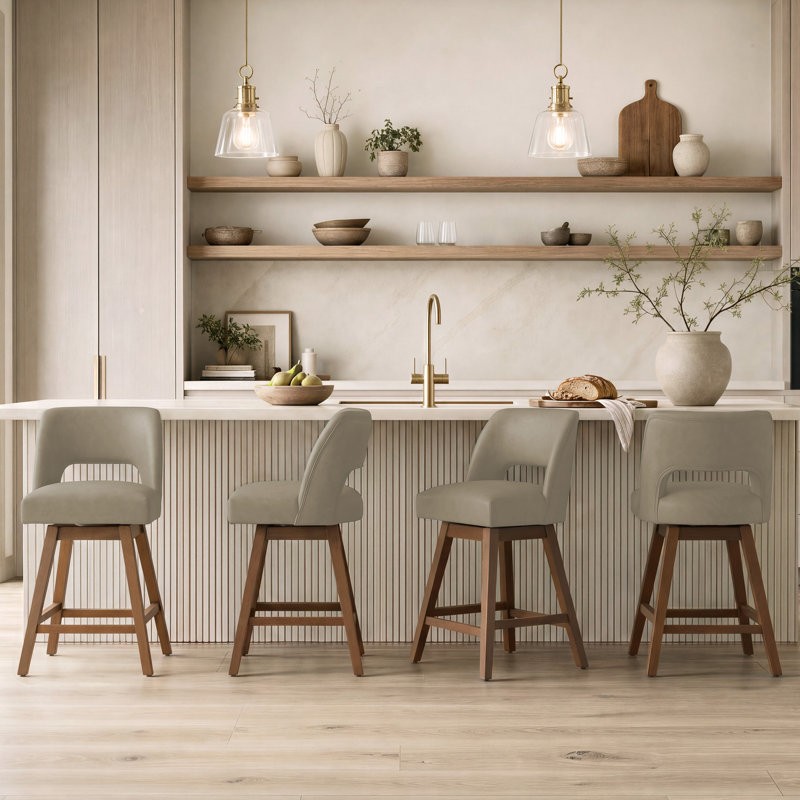 Tabouret de bar pivotant en similicuir avec structure en bois massif (ensemble de 4), Taupe / similicuir, 4, Noyer foncé