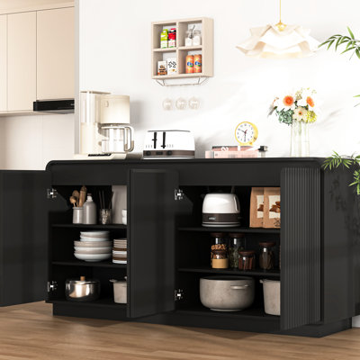Black 4-Door Fluted Tv Stand With Power Outlet, Adjustable 3 Particle Board Storage, Multi-Functional For Media And Family Relaxing Areas Entertainment Center Handleless Wave Design, Storage Spaces