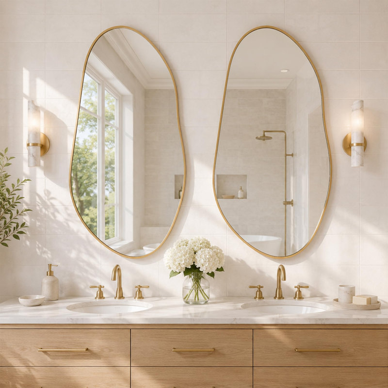 Modern Asymmetrical Aluminum Framed Wall Mirror for Bathroom Vanity, Champagne Gold, 32"x 16.5"